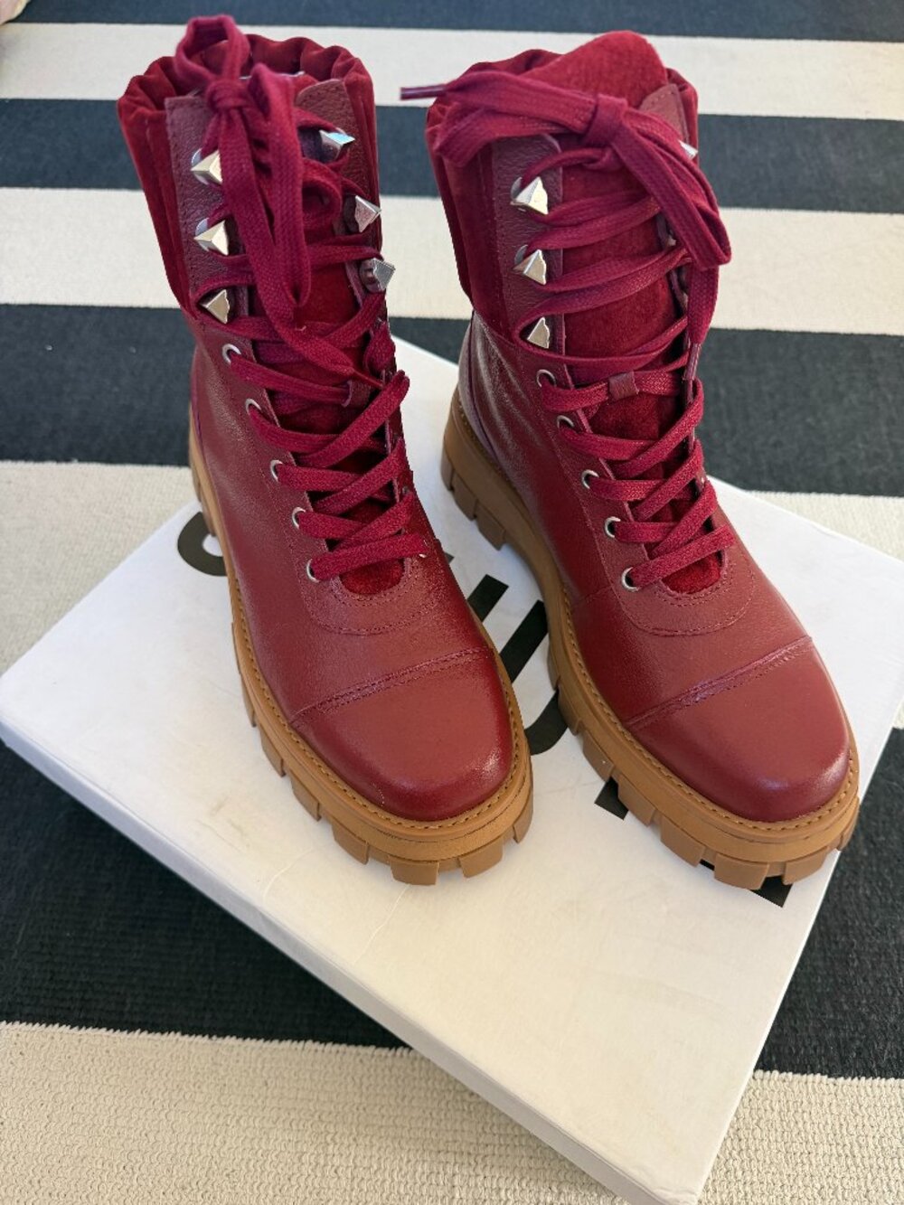 Schutz Studded Lace-Up Combat Boots Burgundy Leather Lug Sole NWT Size 7.5
